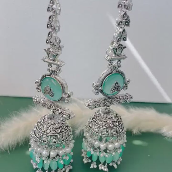 Statement Jhumka Earrings: Silver Lookalike with Blue, Pink & Sky Blue Beads