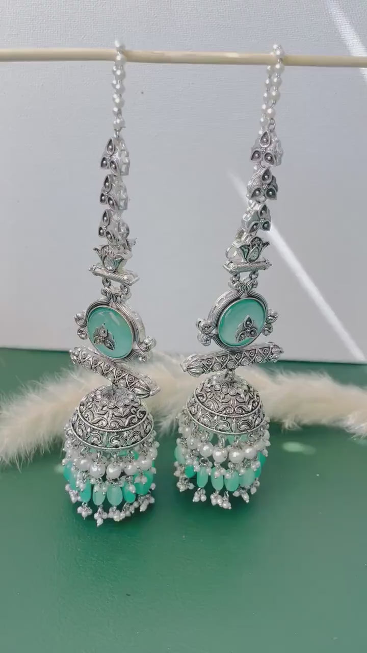 Statement Jhumka Earrings: Silver Lookalike with Blue, Pink & Sky Blue Beads
