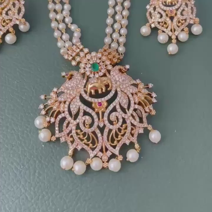 Gold Plated Victorian style cubic zirconia big pendent necklace set