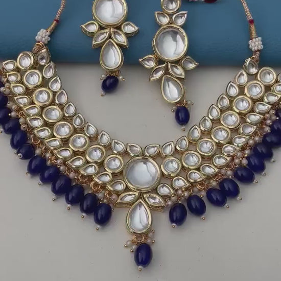 Blue Kundan Choker Set: Peach & Pearl Bridal Jewelry
