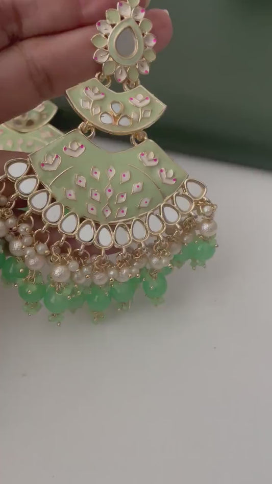 Mint color Minakari Pearl and mint beads Jhumka Earrings: Indian Bollywood Jewelry