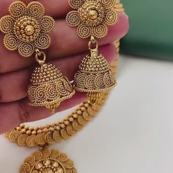 Traditional long gold plated necklace with jhumkis