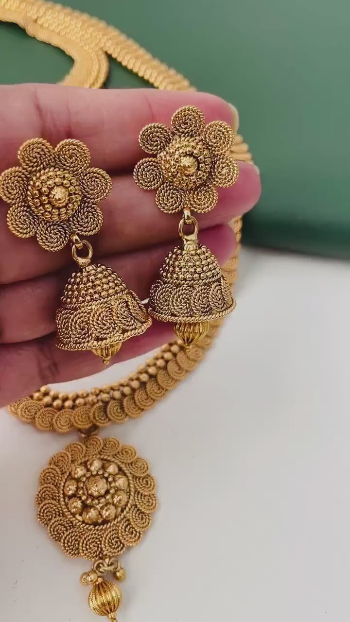 Traditional long gold plated necklace with jhumkis