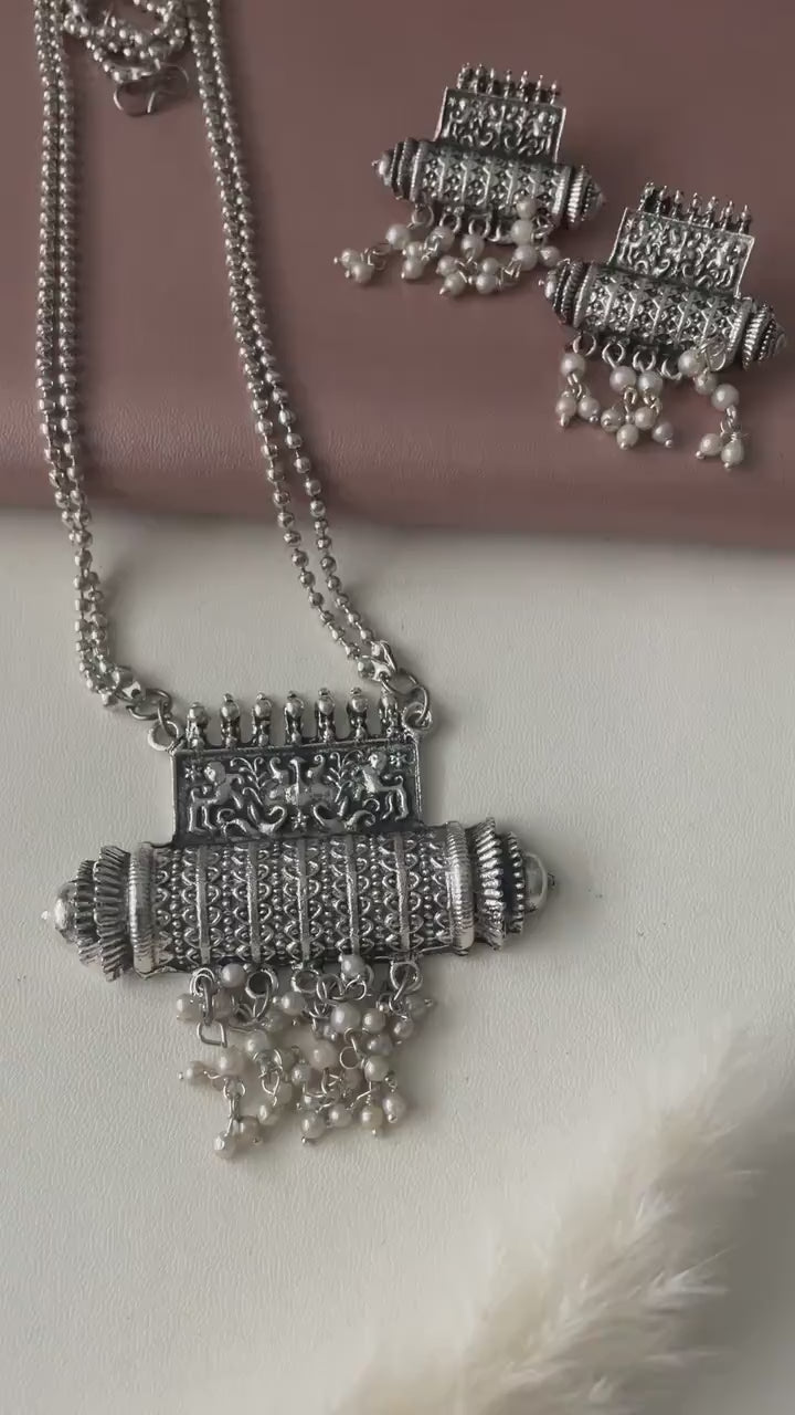 Oxidized Silver Necklace & Earrings Set: Adjustable Navratri Jewelry