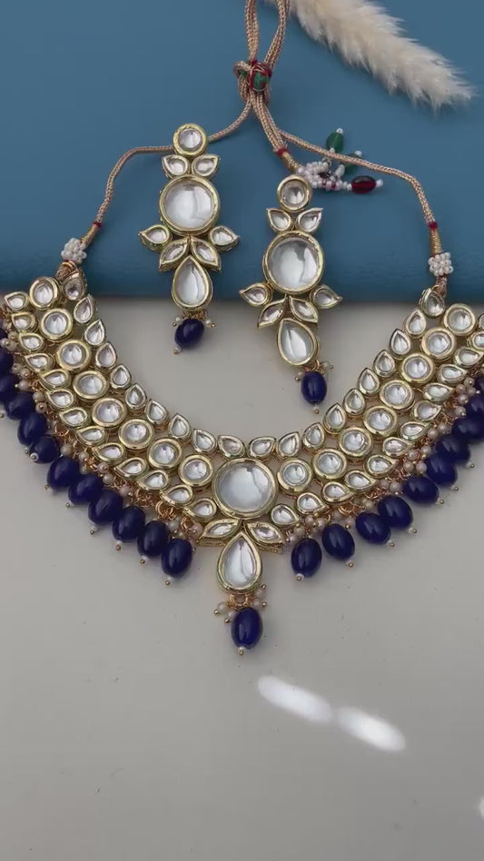 Blue Kundan Choker Set: Peach & Pearl Bridal Jewelry