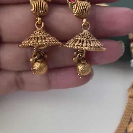 Ruby stone gold plated short necklace with matching earrings