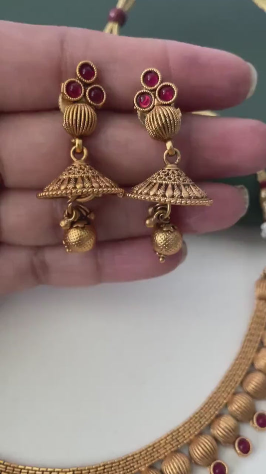 Ruby stone gold plated short necklace with matching earrings