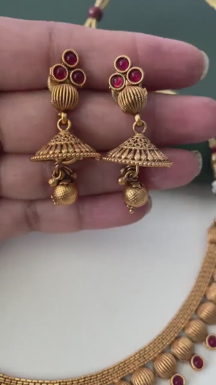 Ruby stone gold plated short necklace with matching earrings