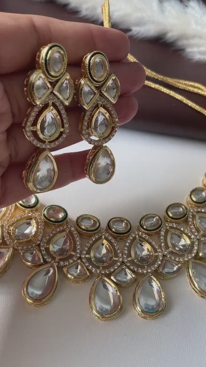 Gold Plated Kundan CZ Collar Necklace Set: Indian Bridal Jewelry
