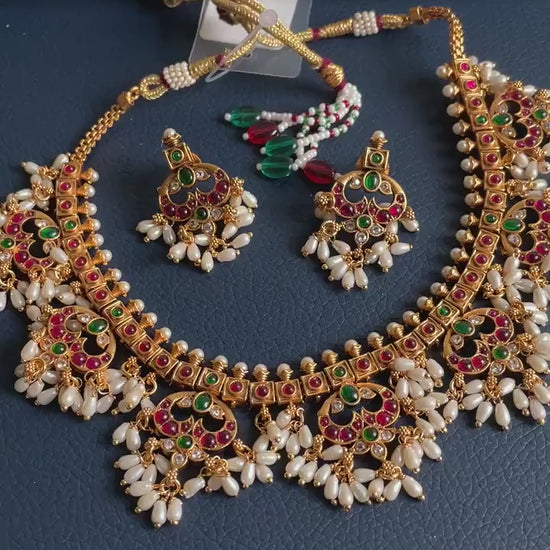 Kemp Stone & Pearl Gold Plated Necklace Set: South Indian Temple Jewelry