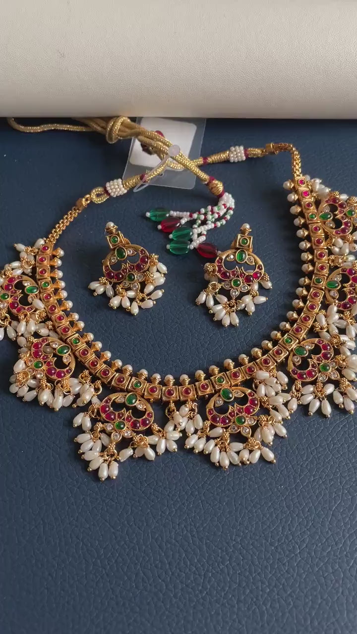 Kemp Stone & Pearl Gold Plated Necklace Set: South Indian Temple Jewelry
