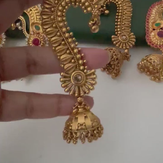 Gold Plated Jhumka Ear Cuffs: Indian Peacock Earrings