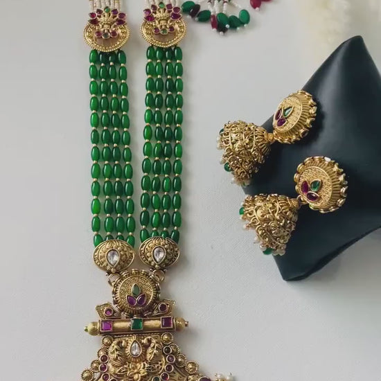 Green Beaded Antique Gold Plated Necklace Set: Temple Jhumka Jewelry