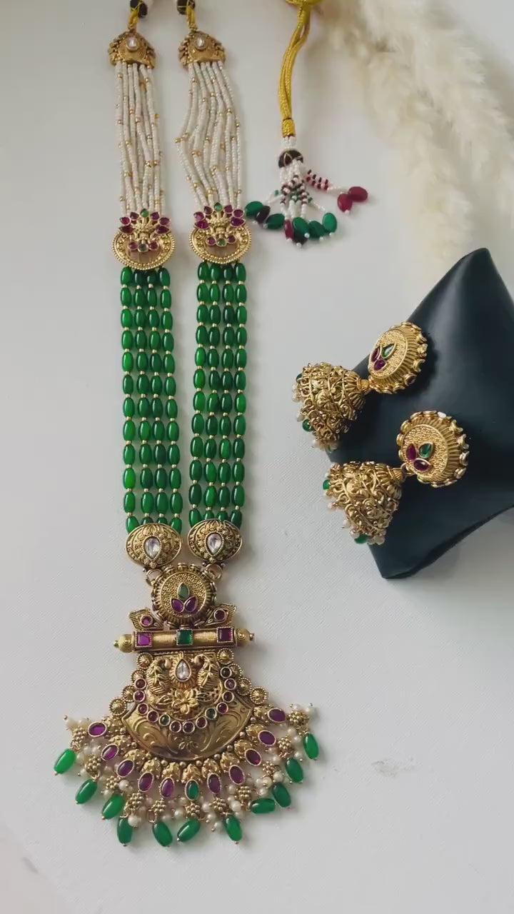 Green Beaded Antique Gold Plated Necklace Set: Temple Jhumka Jewelry