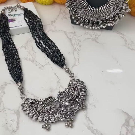 Long Oxidised big pendant beads necklace | Bollywood statement jewelry | Oxidized Necklace