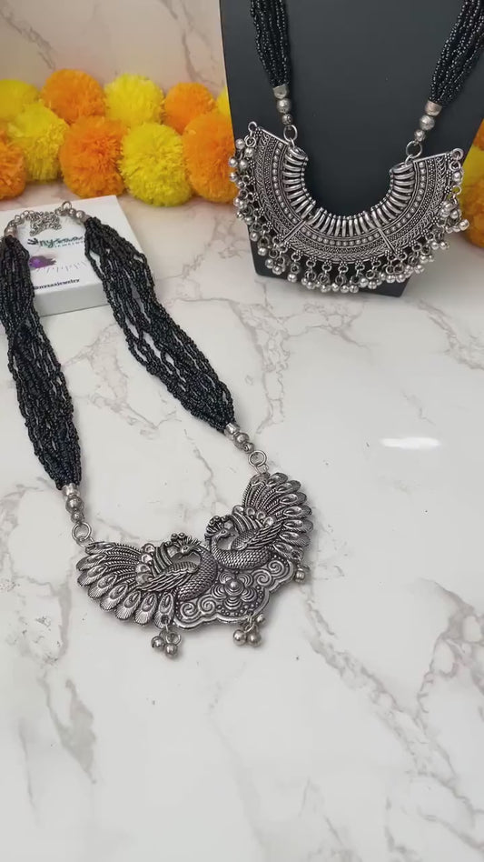 Long Oxidised big pendant beads necklace | Bollywood statement jewelry | Oxidized Necklace