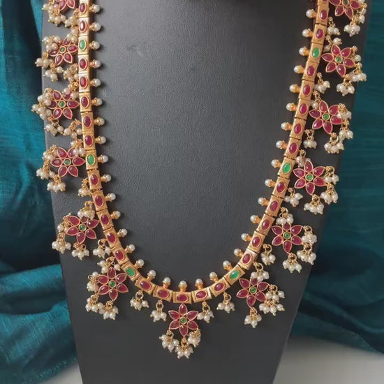 Kemp Stone Guttapusalu Necklace Set: Ruby Green Gold Plated Haaram