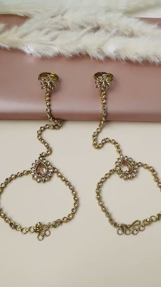 Kundan Haath Panja - Gold Plated Indian Bridal Ring Bracelet