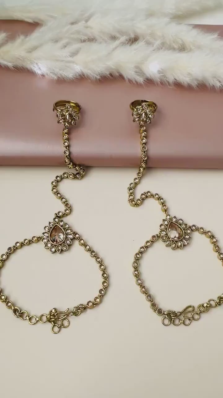 Kundan Haath Panja - Gold Plated Indian Bridal Ring Bracelet