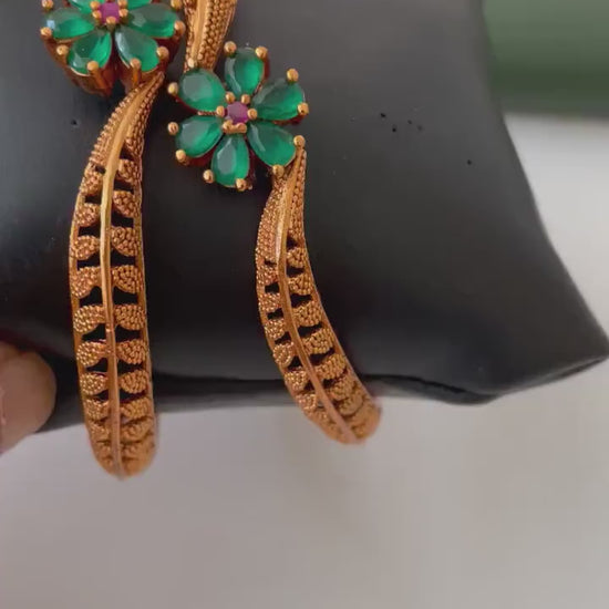 Antique Gold Plated Bangles: Red & Green Flower Lightweight Tode