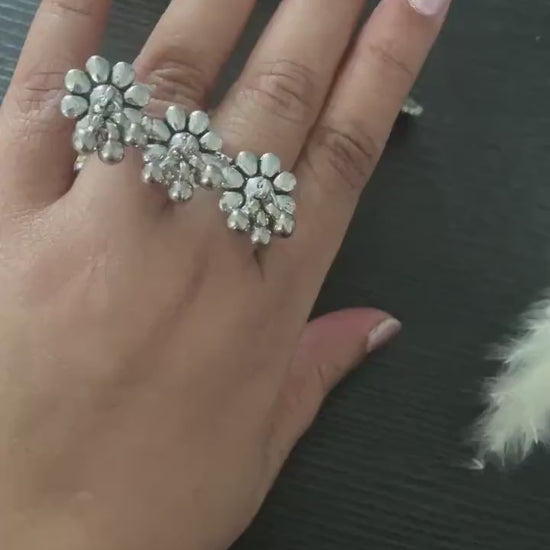 Oxidized Silver Two Finger Ring: Daisy Statement Ring