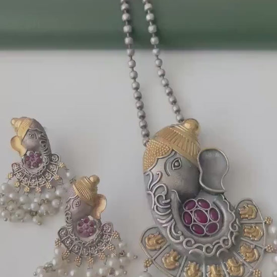 Oxidized Ganapati Necklace Set: Monalisa Stone, Colorful Festive Jewelry , Ashtavinayak themed