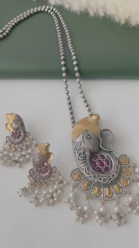 Oxidized Ganapati Necklace Set: Monalisa Stone, Colorful Festive Jewelry , Ashtavinayak themed