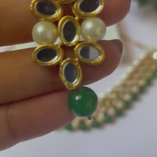 Kundan Mirror Choker Necklace Set: Green Earrings, Pearl Jewelry