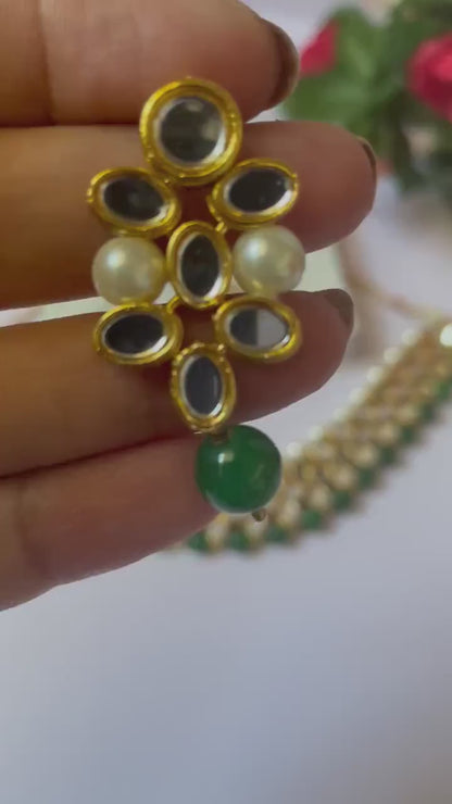Kundan Mirror Choker Necklace Set: Green Earrings, Pearl Jewelry