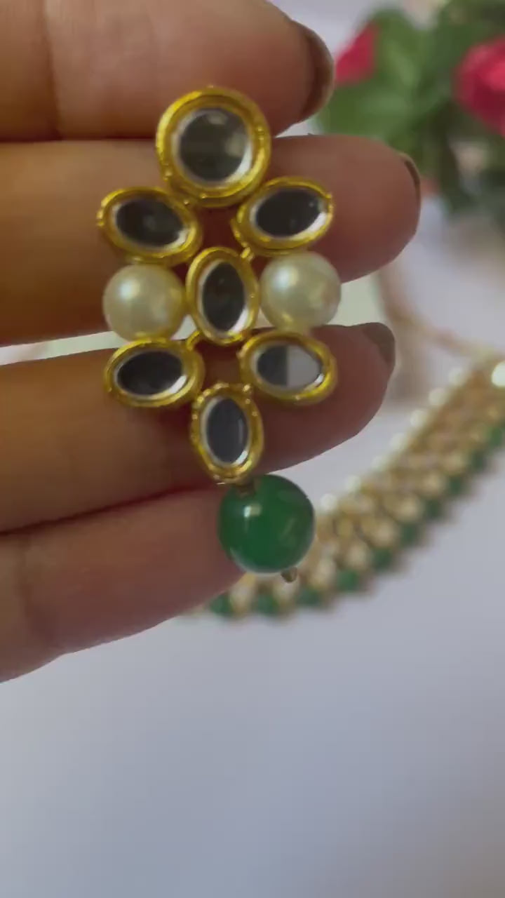 Kundan Mirror Choker Necklace Set: Green Earrings, Pearl Jewelry
