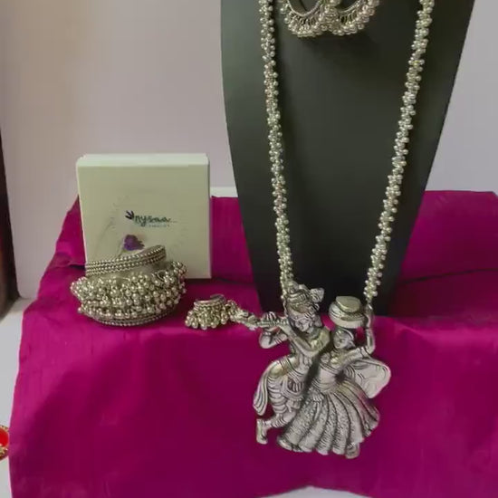 Oxidized Radha Krishna Ghungaroo Necklace with Hoop Earrings