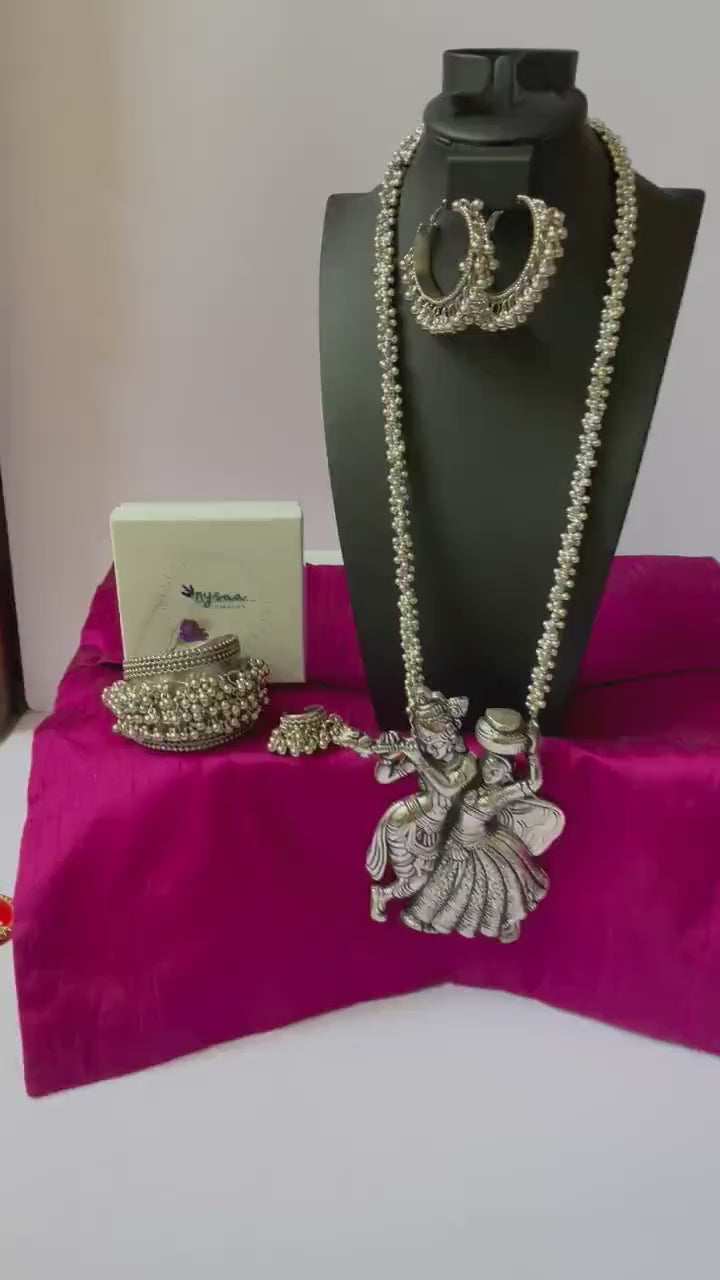 Oxidized Radha Krishna Ghungaroo Necklace with Hoop Earrings
