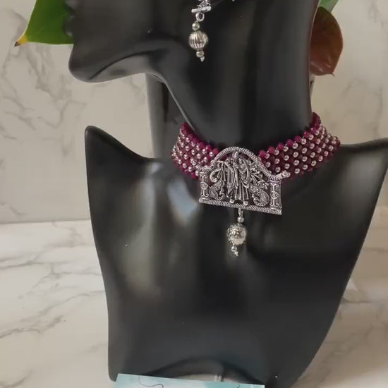 Oxidized Krishna Choker Necklace with Earrings: Red Beads