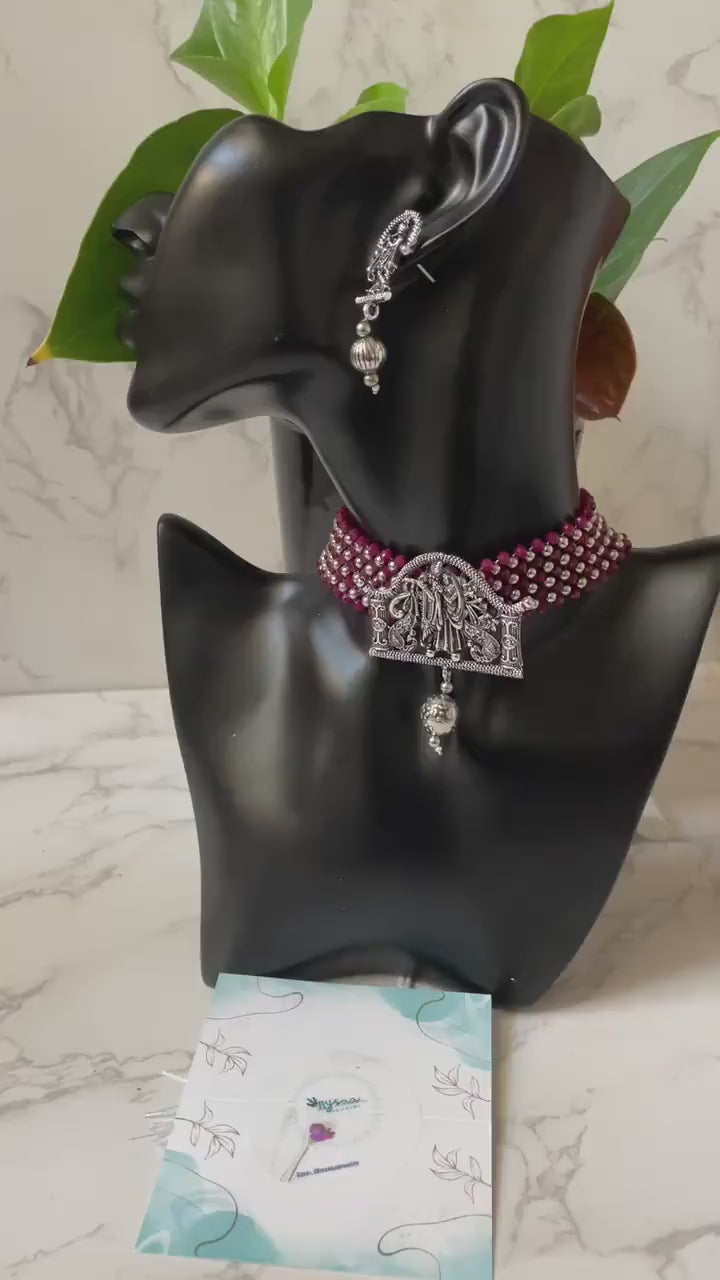 Oxidized Krishna Choker Necklace with Earrings: Red Beads
