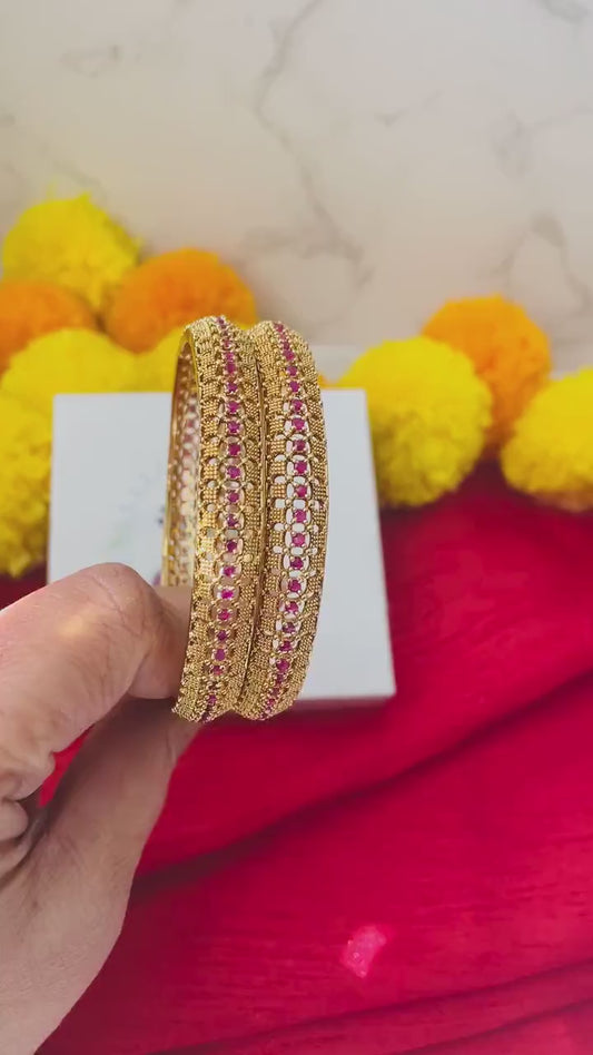 Gold Plated Indian Bangles with Ruby Gems: Lightweight Wedding Jewelry
