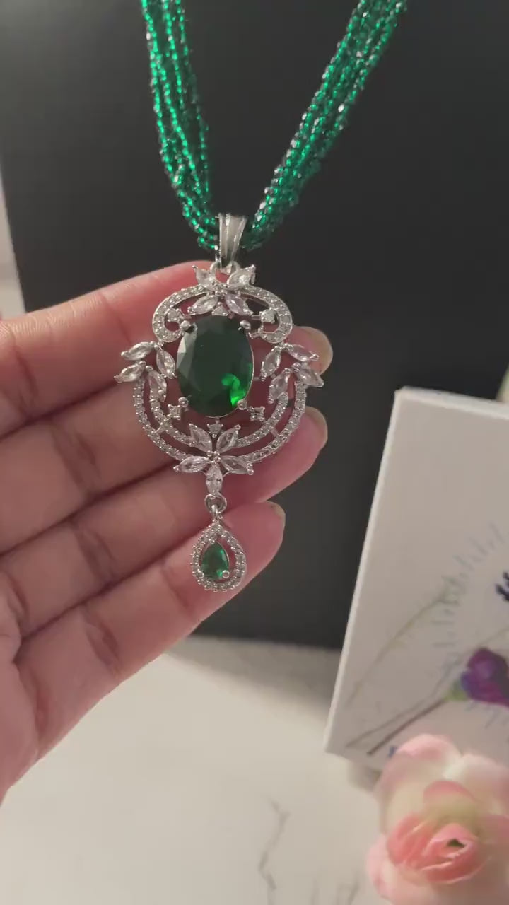 American Diamond Green Stone Necklace Set: Cubic Zirconia Earrings