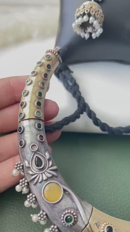 Dual tone Oxidised hasli necklace with multicolor stone and faux pearls