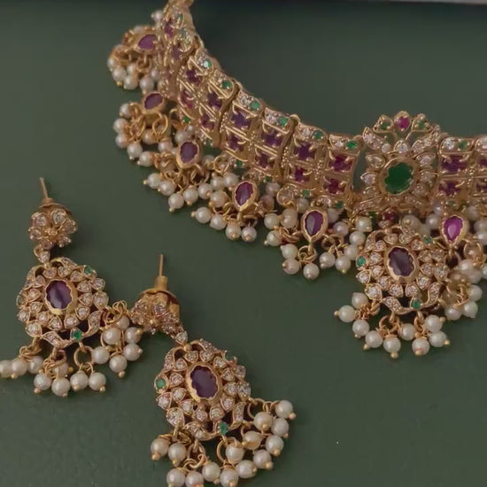 Kemp Stone Gold Plated Necklace Set: Ruby Green Haaram, South Indian Jewelry