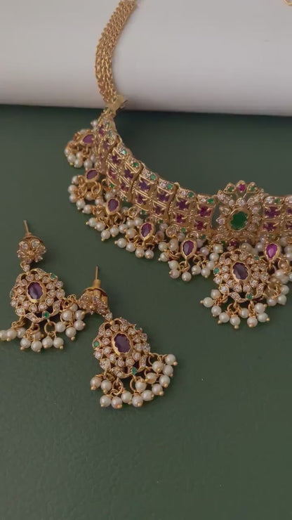 Kemp Stone Gold Plated Necklace Set: Ruby Green Haaram, South Indian Jewelry
