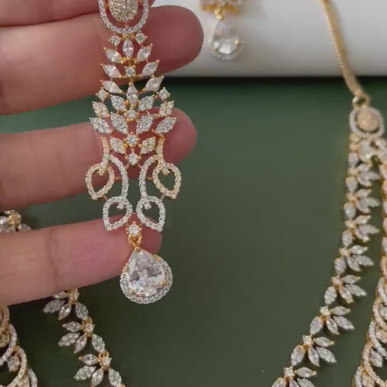 Cubic Zirconia collar necklace set: Two-Tone Gold Plated American Diamond bridal necklace