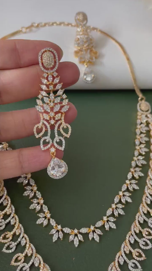 Cubic Zirconia collar necklace set: Two-Tone Gold Plated American Diamond bridal necklace