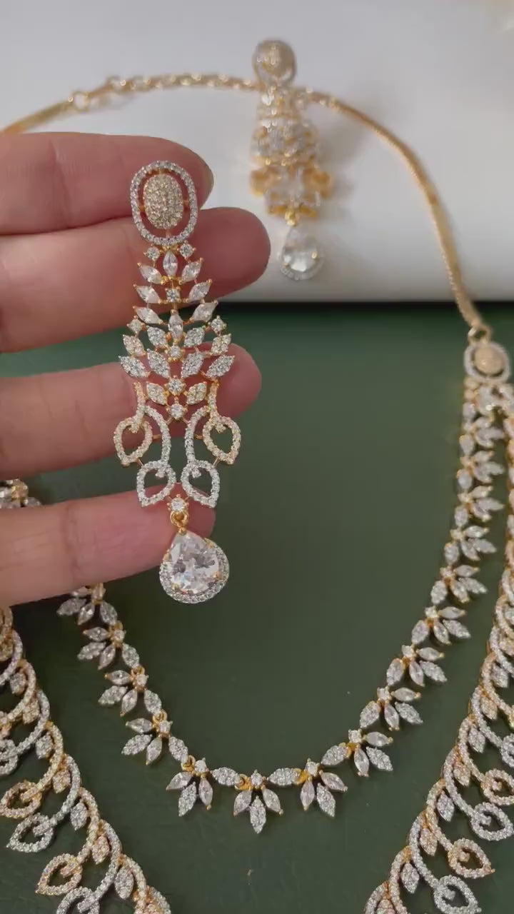 Cubic Zirconia collar necklace set: Two-Tone Gold Plated American Diamond bridal necklace