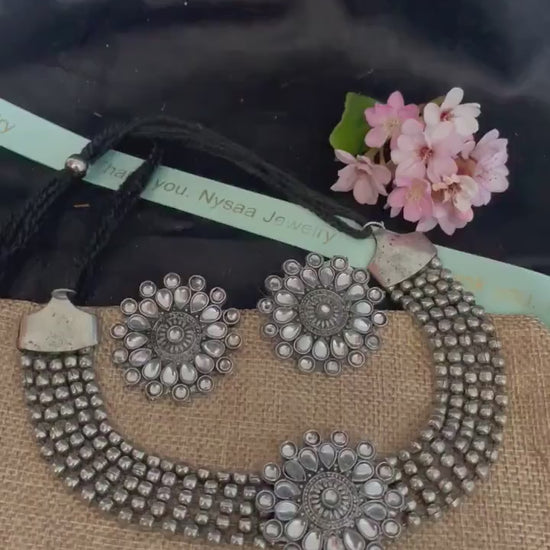 Oxidized Kolhapuri Choker Necklace with Stud Earrings: Adjustable Indian Jewelry