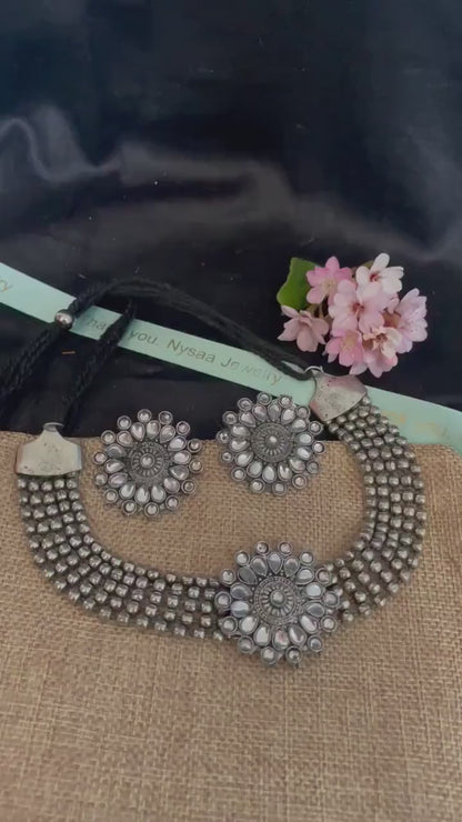 Oxidized Kolhapuri Choker Necklace with Stud Earrings: Adjustable Indian Jewelry