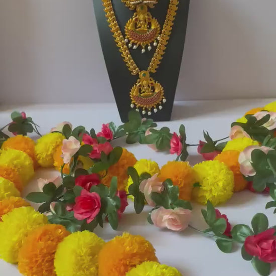 Gold plated set of two temple necklaces and earring