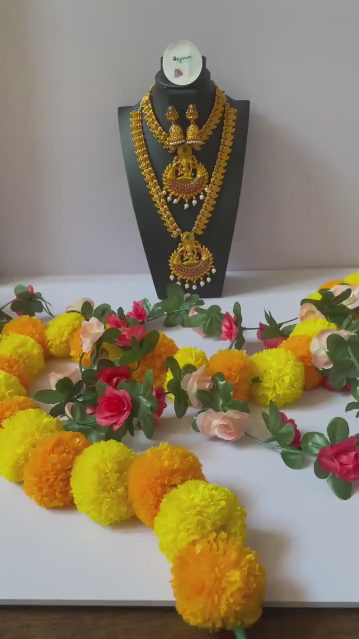 Gold plated set of two temple necklaces and earring