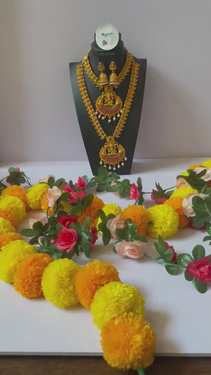 Gold plated set of two temple necklaces and earring