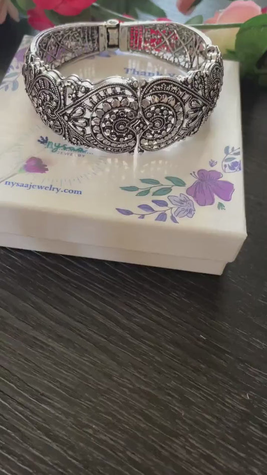 Oxidized Silver Bangle | Adjustable Carved Indian Bracelet