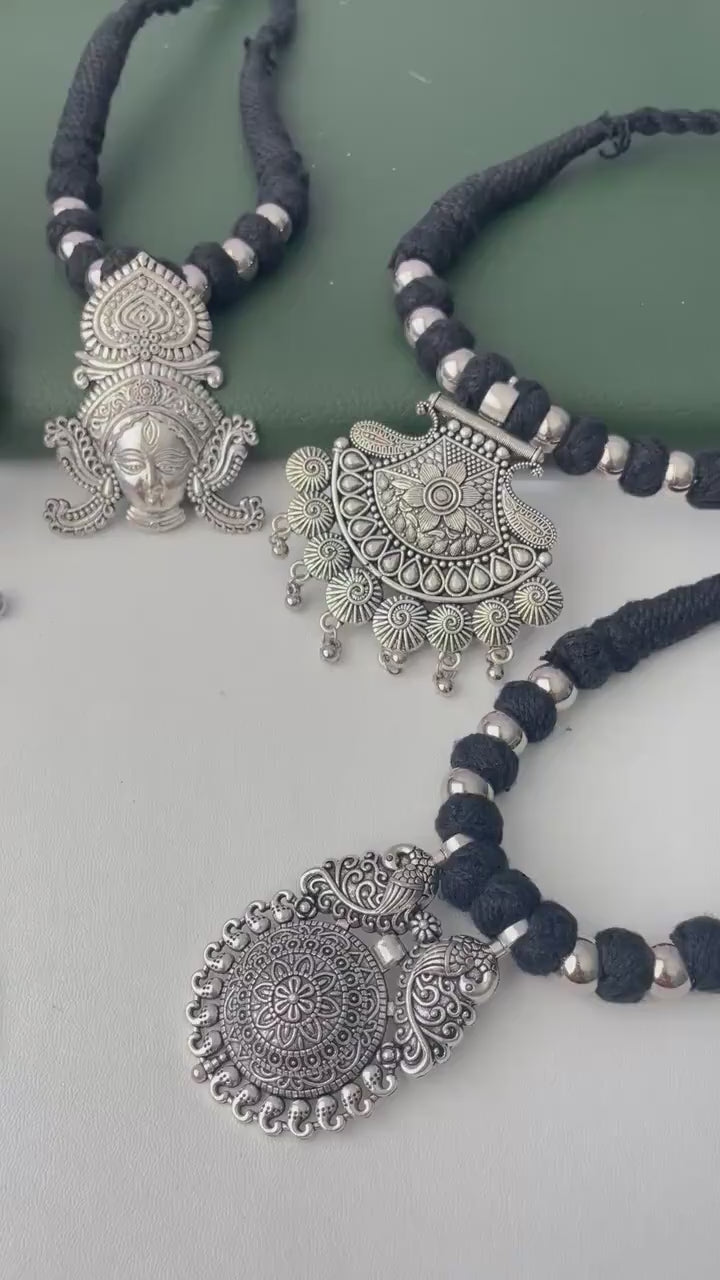 Oxidized Thread Necklace: Indian Bollywood Jewelry, Adjustable Length
