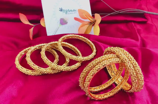Gold Plated Indian Bangles: Flower Motif, Set of 4
